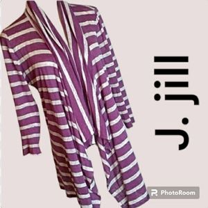 NWOT LONG CARDI LIGHT KNIT CARDIGAN OPEN FRONT SHAWL COLLAR PURPLE WHITE S WOMEN